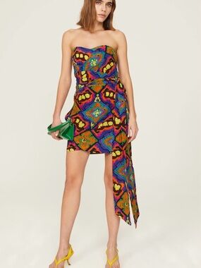 Rodebger Strapless Multicolor Printed Mini Dress with Draped Side